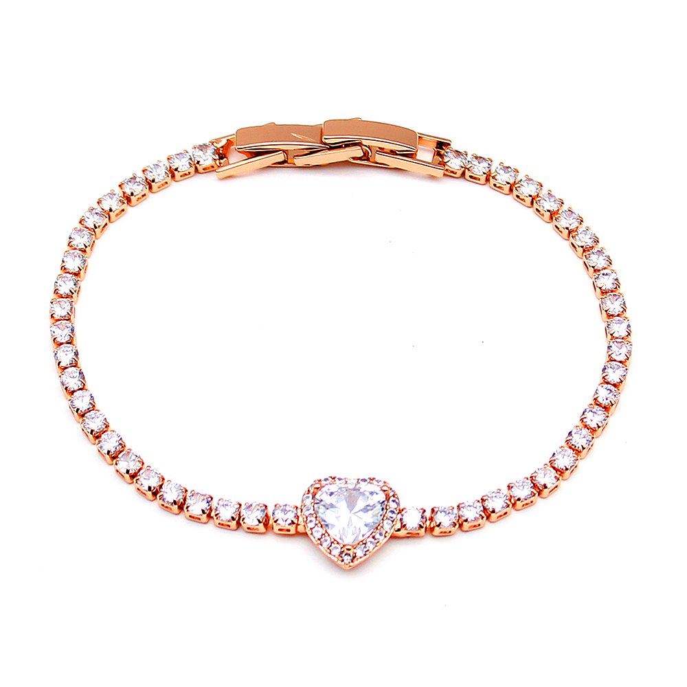 Wholesale tennis zircon bracelet with heart center and rose gold plated copper from JuneJewelry.com – luxury wedding jewelry for bulk orders.