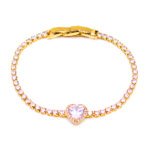 Wholesale tennis zircon bracelet with heart center and rose gold plated copper from JuneJewelry.com – luxury wedding jewelry for bulk orders.