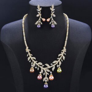Wholesale pearl zircon set featuring a leaf-inspired necklace and earrings with colorful shell pearls and real gold plated copper from JuneJewelry.com.