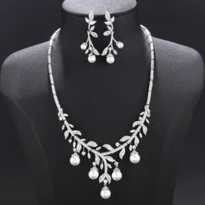 Wholesale pearl zircon set featuring a leaf-inspired necklace and earrings with colorful shell pearls and real gold plated copper from JuneJewelry.com.