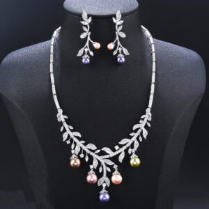 Wholesale pearl zircon set featuring a leaf-inspired necklace and earrings with colorful shell pearls and real gold plated copper from JuneJewelry.com.