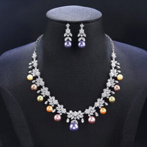 Wholesale floral pearl set with gold plated copper and colorful shell pearls from JuneJewelry.com – unique botanical bridal jewelry for bulk purchase.