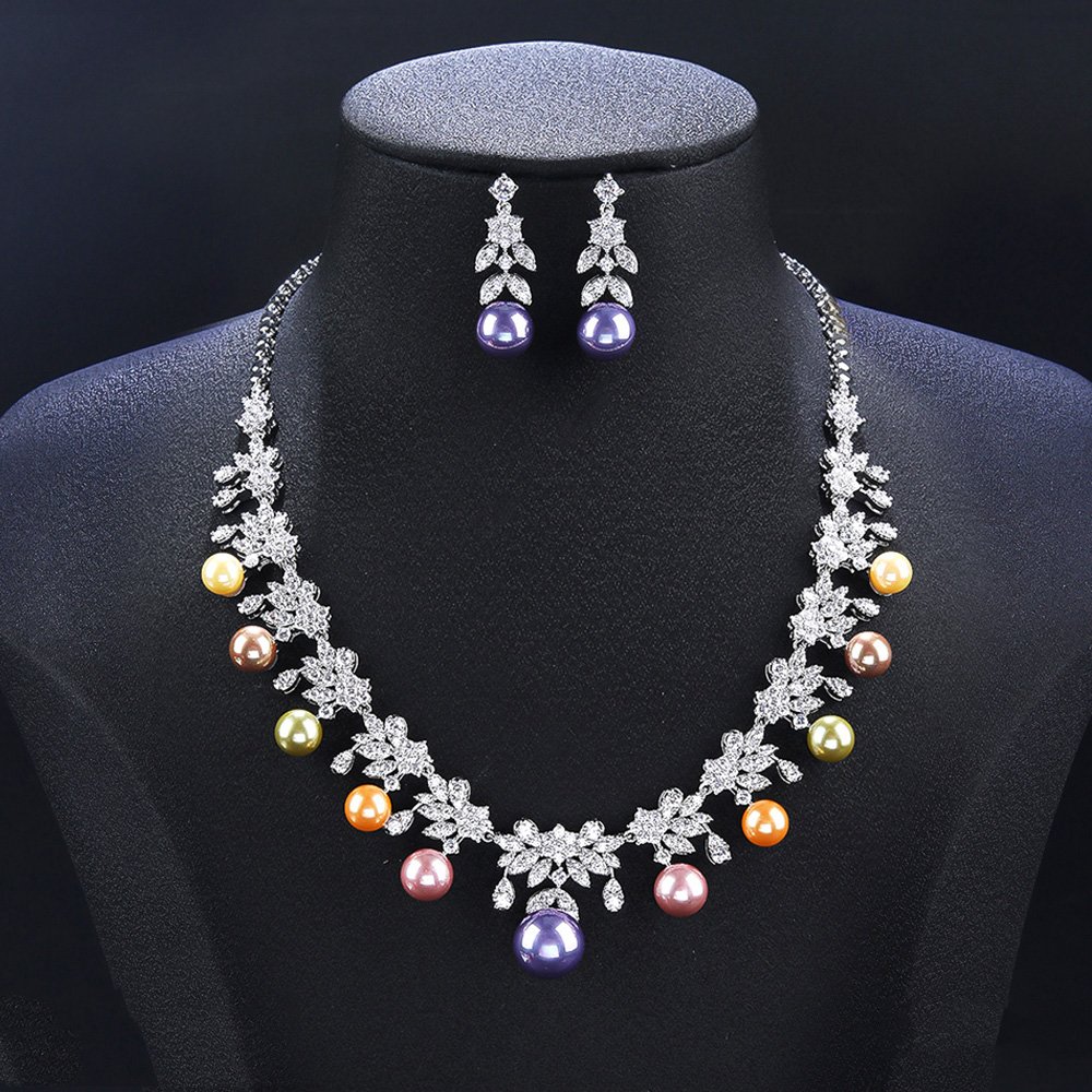 Wholesale floral pearl set with gold plated copper and colorful shell pearls from JuneJewelry.com – unique botanical bridal jewelry for bulk purchase.