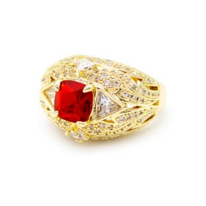 Wholesale ruby zircon ring with 18K gold plated copper and cushion-cut red stone from JuneJewelry.com – luxury adjustable jewelry for bulk orders.