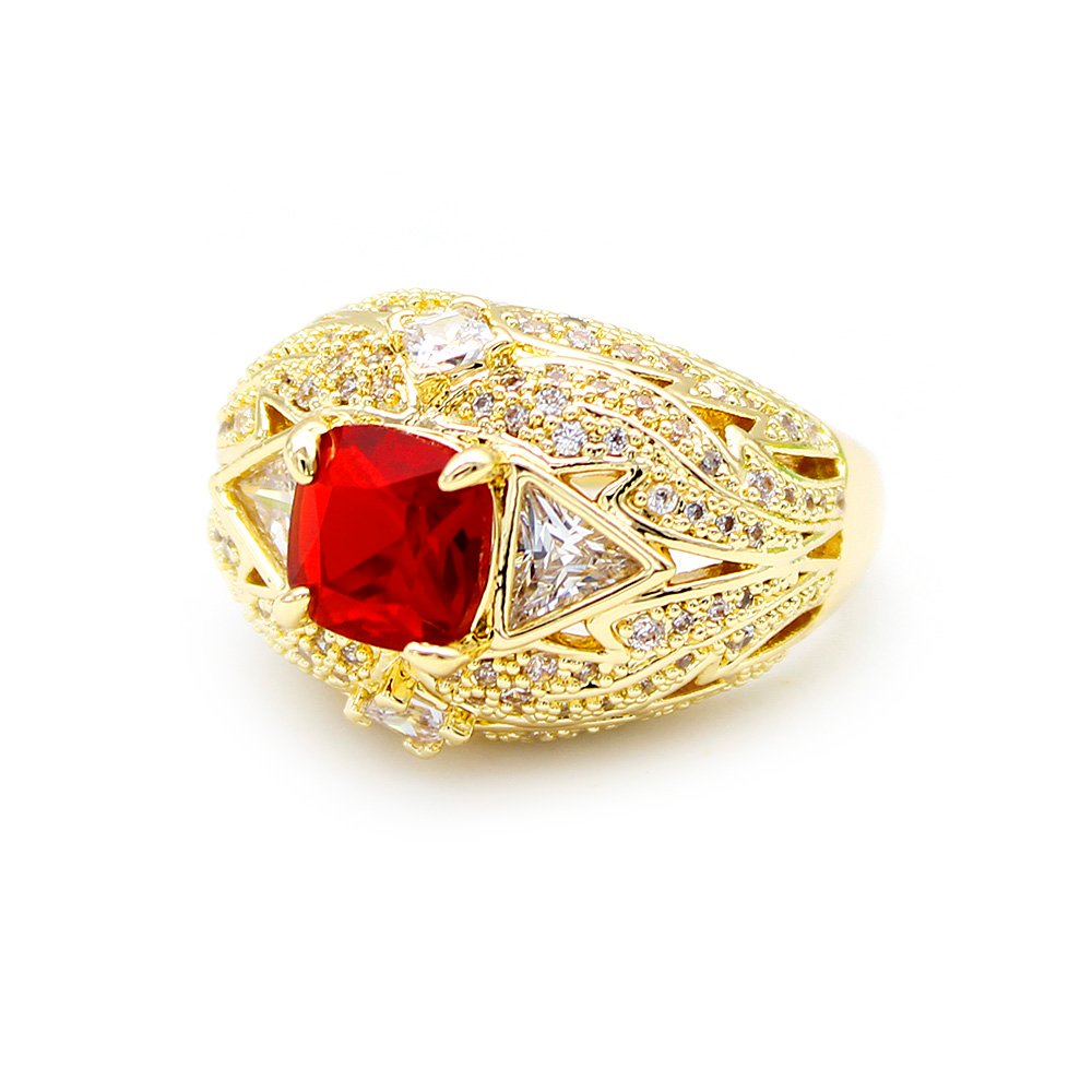 Wholesale ruby zircon ring with 18K gold plated copper and cushion-cut red stone from JuneJewelry.com – luxury adjustable jewelry for bulk orders.