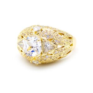 Wholesale ruby zircon ring with 18K gold plated copper and cushion-cut red stone from JuneJewelry.com – luxury adjustable jewelry for bulk orders.