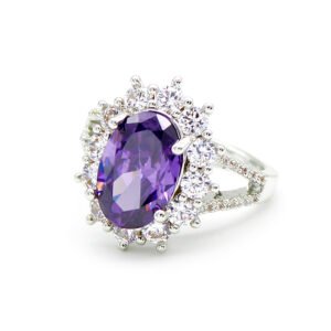 Wholesale luxury zircon ring featuring a large red oval stone on gold plated copper from JuneJewelry.com – adjustable high-quality jewelry for bulk buyers.