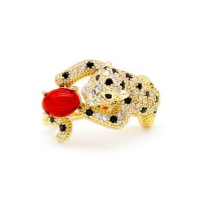Wholesale leopard zircon ring with 18K gold plated copper and a red oval stone from JuneJewelry.com – adjustable animal jewelry for bulk orders.