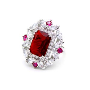 Wholesale emerald cut ring with a large red zircon and 18K gold plated copper band from JuneJewelry.com – adjustable luxury jewelry for bulk orders.