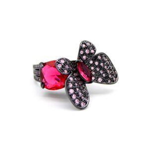 Wholesale butterfly open ring with pink zircon stones and real gold plating on copper from JuneJewelry.com – adjustable fashion ring for bulk orders.