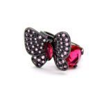 Wholesale butterfly open ring with pink zircon stones and real gold plating on copper from JuneJewelry.com – adjustable fashion ring for bulk orders.