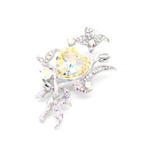 Wholesale heart zircon brooch with rainbow crystal and platinum plated copper from JuneJewelry.com – luxury floral jewelry for bulk orders.