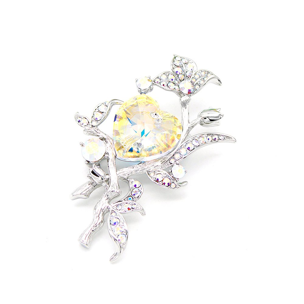Wholesale heart zircon brooch with rainbow crystal and platinum plated copper from JuneJewelry.com – luxury floral jewelry for bulk orders.
