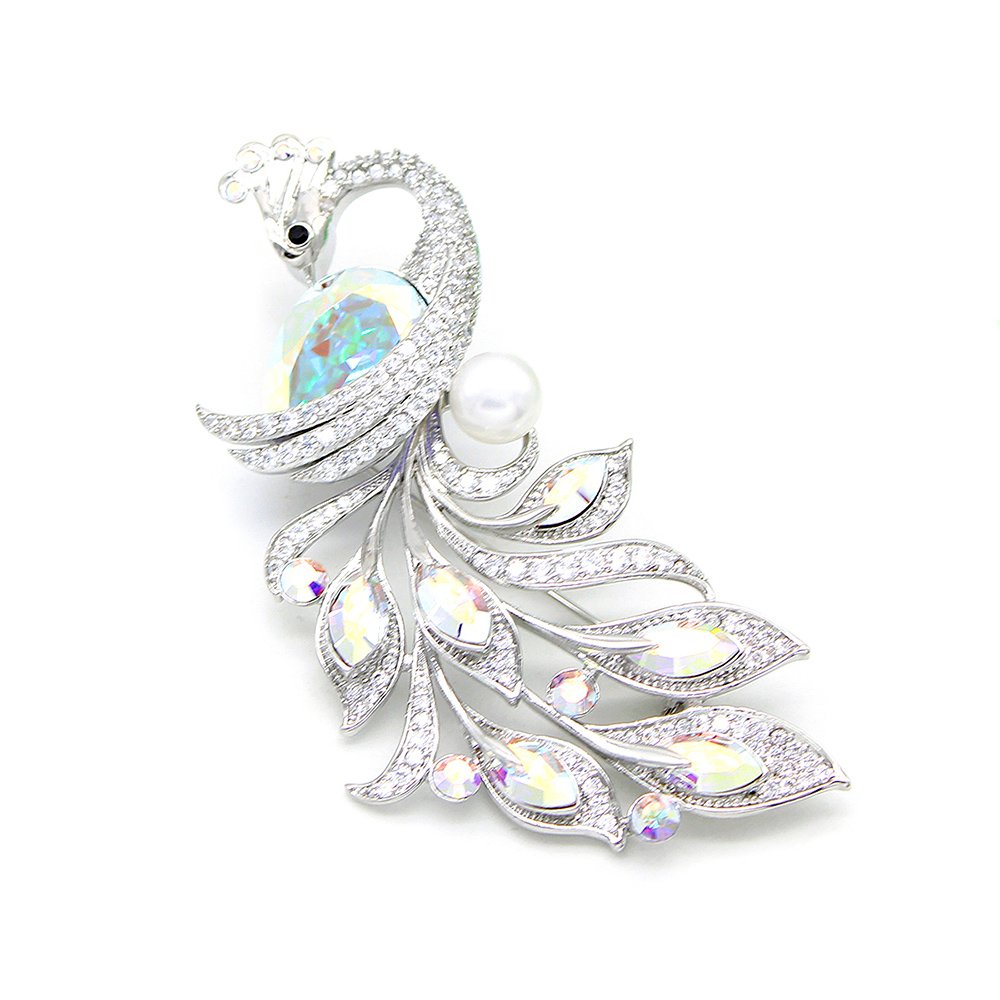 Wholesale crystal flower brooch with rainbow stones and platinum plated copper from JuneJewelry.com – luxury floral jewelry for bulk purchase.