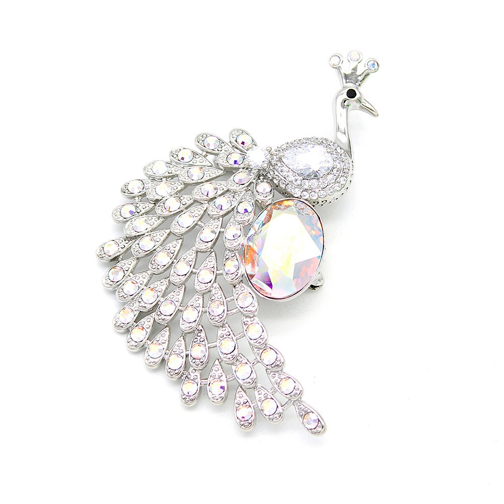 G501027E09Y.225.A Wholesale peacock crystal brooch with Swarovski element stones and pearl on platinum plated copper from JuneJewelry.com – luxury animal jewelry for bulk purchase.