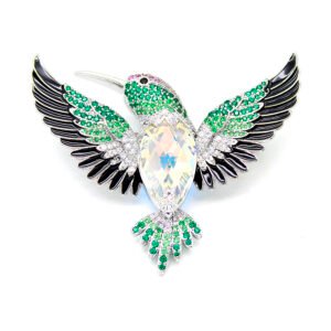 Wholesale hummingbird crystal brooch with green stones and black enamel on platinum plated copper from JuneJewelry.com – unique bird jewelry for bulk orders.