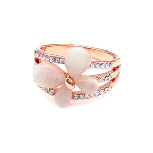 Wholesale cat eye ring collection featuring butterfly, floral, and geometric stone settings in rose gold plated alloy from JuneJewelry.com.