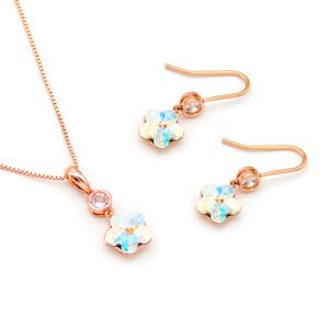 Wholesale rose gold jewelry set featuring iridescent crystal flower necklace and earrings from JuneJewelry.com – unique fashion jewelry for bulk orders.