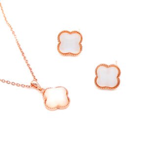 Wholesale clover jewelry set featuring white four-leaf clover necklace and earrings in rose gold plated alloy from JuneJewelry.com – elegant fashion jewelry for bulk orders.