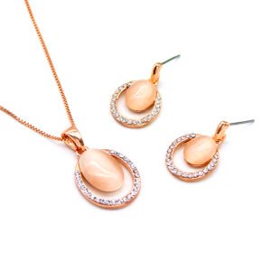Wholesale Rose Gold Cat-Eye Set featuring oval stones and crystal halos on rose gold plated alloy from JuneJewelry.com.