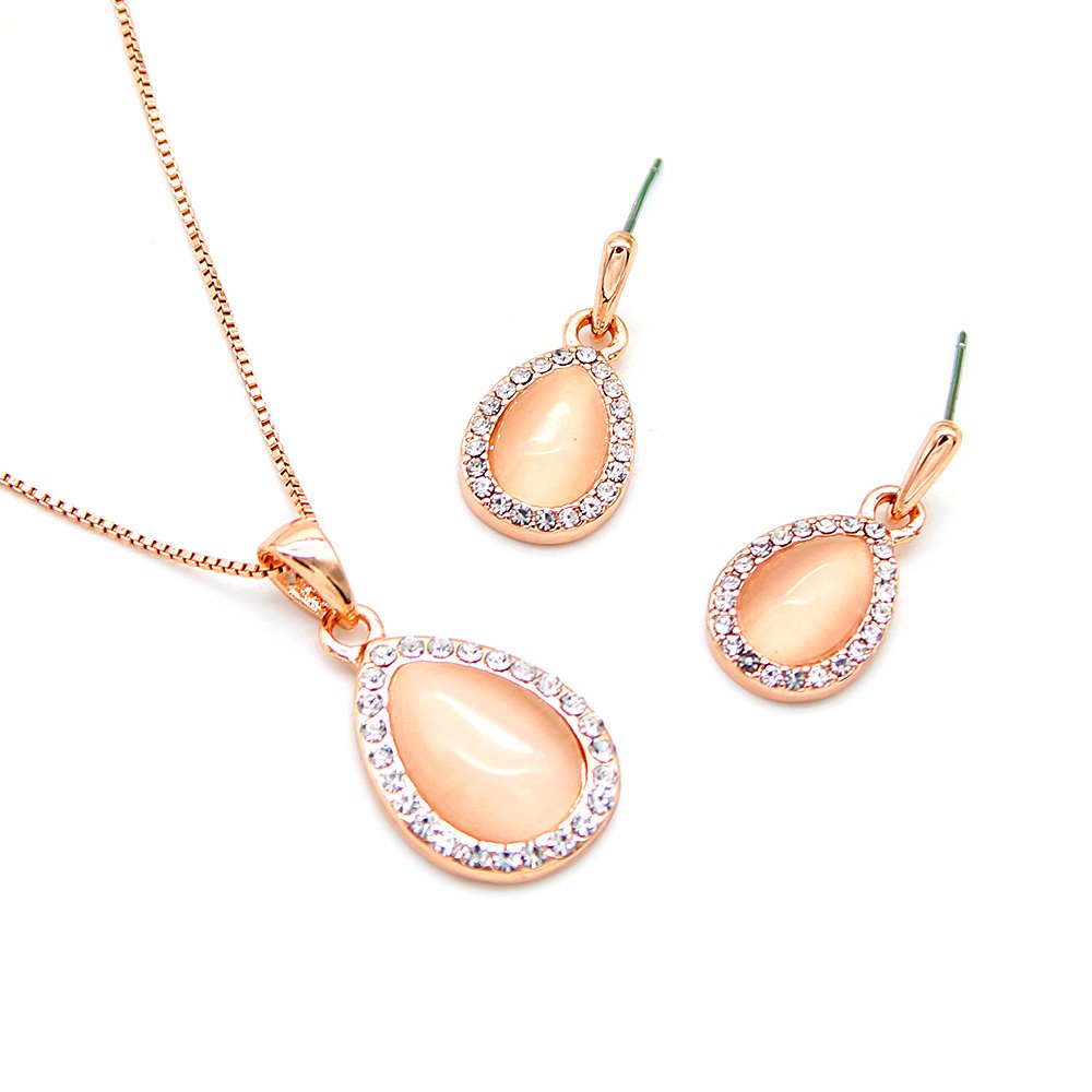 K200009A-001.780.A Wholesale halo cat-eye set with teardrop stones and white crystal borders on rose gold alloy from JuneJewelry.com – bulk jewelry sets.