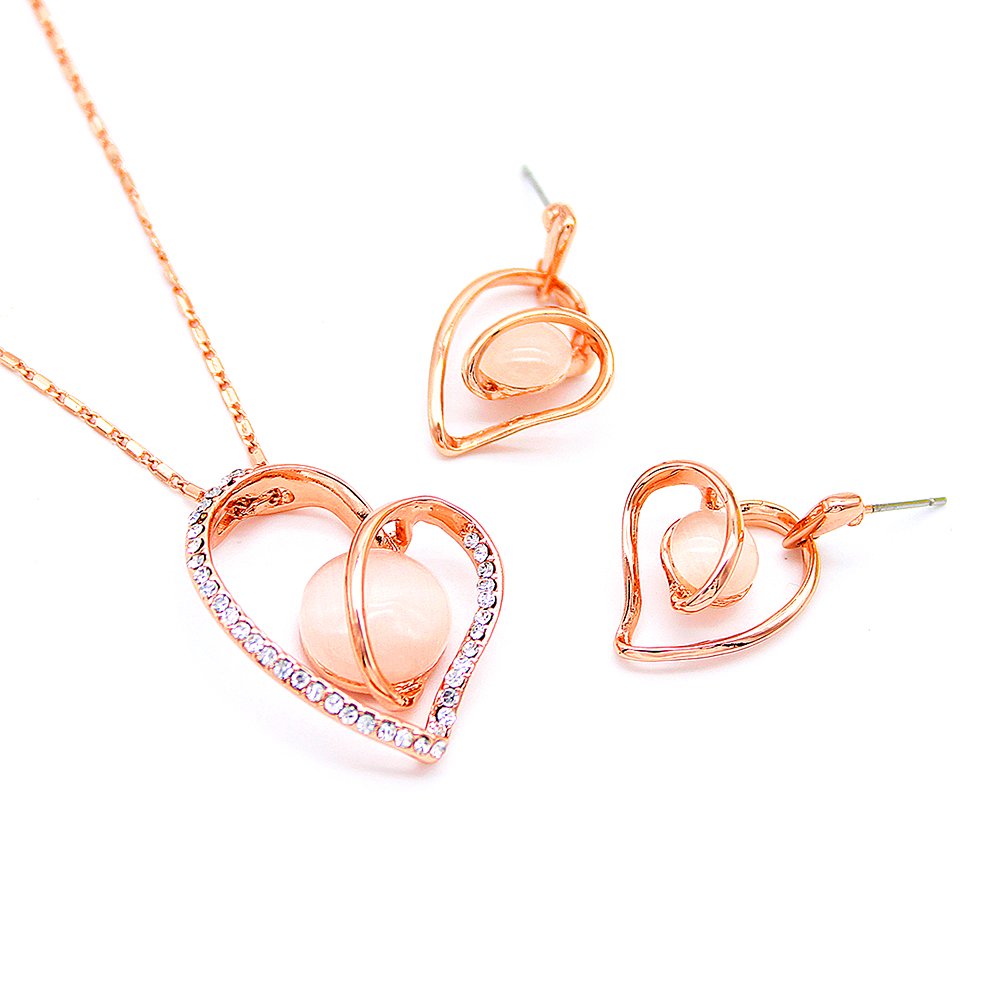 K200010A-001.82.A Wholesale Heart Cat-Eye Set with rose gold plated alloy and crystal pavé accents from JuneJewelry.com – premium romantic jewelry for bulk orders.