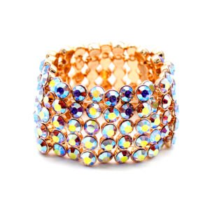 Wholesale crystal stretch Bangles with iridescent Aurora Borealis stones and rose gold plating from JuneJewelry.com – sparkling wide-band jewelry for bulk buy.