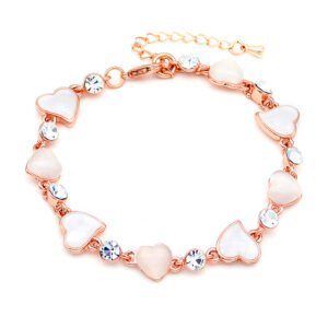 Wholesale heart link bracelet with cat-eye heart stones and clear crystals on rose gold plated alloy from JuneJewelry.com – romantic bulk jewelry.