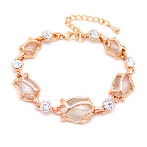 Wholesale tulip link bracelet with cat-eye stones and clear crystals on rose gold plated alloy from JuneJewelry.com – floral fashion jewelry.