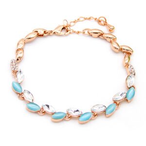 Wholesale leaf crystal bracelet with blue cat-eye stones and marquise crystals on rose gold alloy from JuneJewelry.com – unique bulk jewelry.