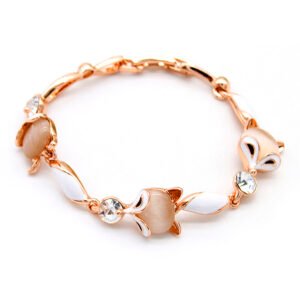 Wholesale fox enamel bracelet with cat-eye stones and rose gold plated alloy from JuneJewelry.com – unique animal themed bulk jewelry.