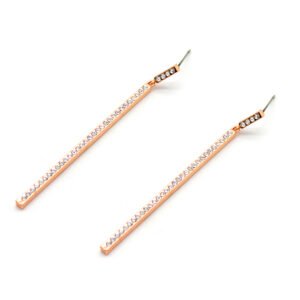 Wholesale crystal linear earrings with a long row of clear stones on rose gold plated alloy from JuneJewelry.com – modern slim drop jewelry.