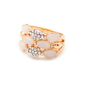 Wholesale cat eye ring collection featuring various geometric and crystal-accented stone settings on rose gold plated alloy from JuneJewelry.com.