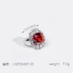 Wholesale red zircon ring with a large cushion-cut stone and white gold plated copper band from JuneJewelry.com – adjustable luxury jewelry for bulk buyers.