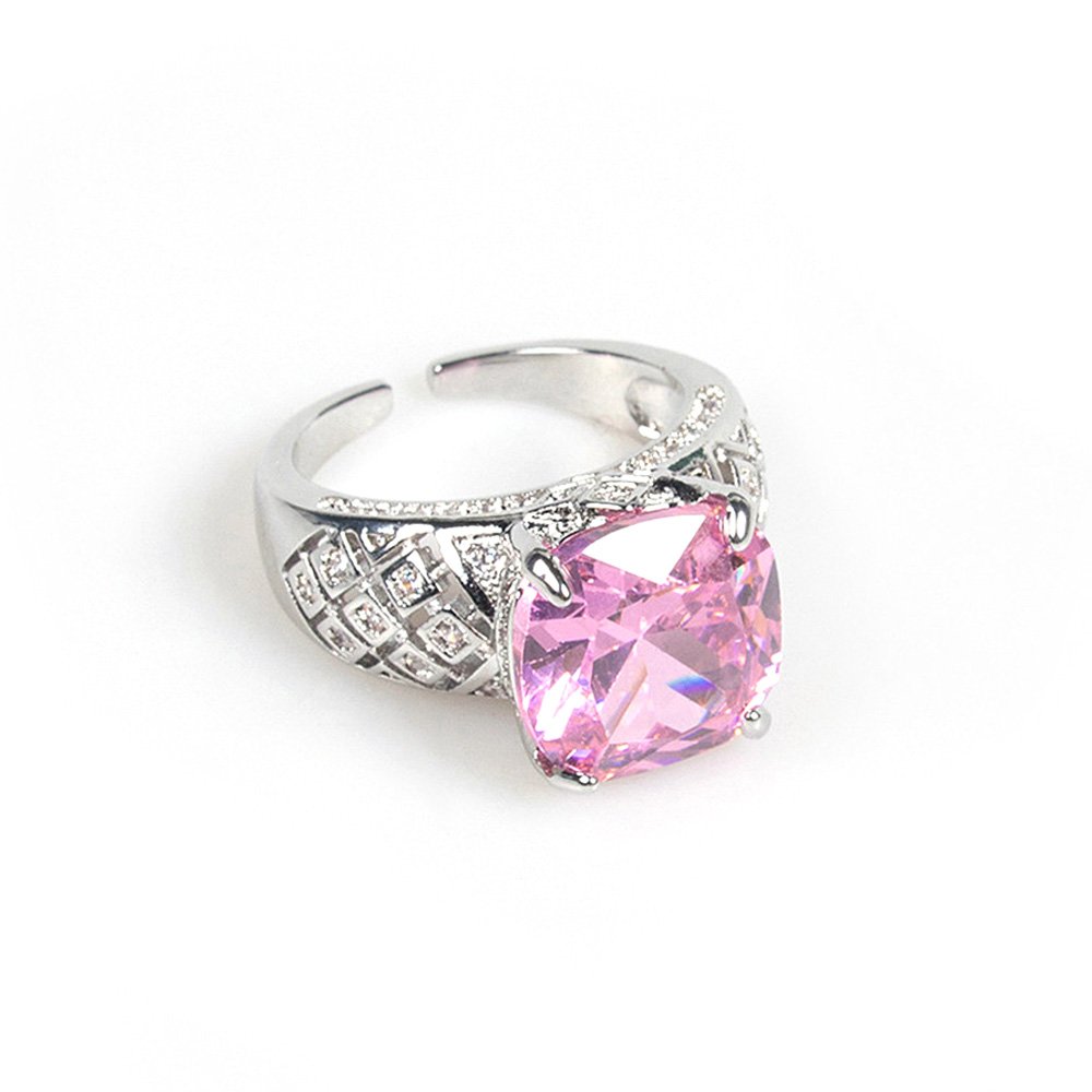 Wholesale pink zircon ring with a large cushion-cut stone on platinum plated copper from JuneJewelry.com – adjustable feminine jewelry for bulk orders.