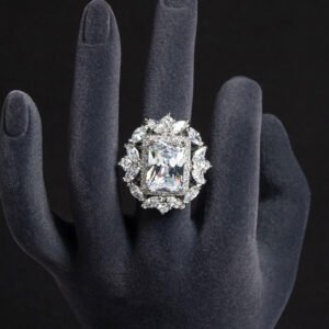 Wholesale emerald cut ring with a large red zircon and 18K gold plated copper band from JuneJewelry.com – adjustable luxury jewelry for bulk orders.