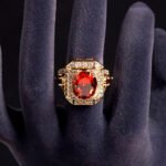 Wholesale adjustable zircon ring with real gold plating on copper from JuneJewelry.com – open band fashion jewelry for bulk orders.