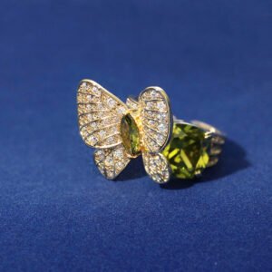 Wholesale butterfly open ring with pink zircon stones and real gold plating on copper from JuneJewelry.com – adjustable fashion ring for bulk orders.