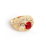 Wholesale ruby zircon ring with 18K gold plated copper and cushion-cut red stone from JuneJewelry.com – luxury adjustable jewelry for bulk orders.