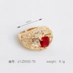 Wholesale ruby zircon ring with 18K gold plated copper and cushion-cut red stone from JuneJewelry.com – luxury adjustable jewelry for bulk orders.