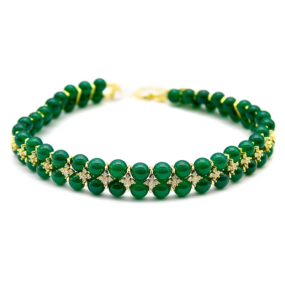 Wholesale green agate necklace with double-layer beads and zircon accents on 18K gold plated copper from JuneJewelry.com – unique fashion jewelry for bulk orders.