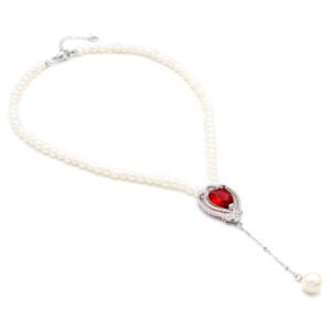 Wholesale pearl zircon necklace with a natural pearl and bow pendant on 18K gold plated copper from JuneJewelry.com – luxury jewelry for bulk orders.