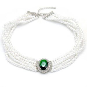 Wholesale shell pearl necklace with a floral zircon pendant on 18K gold plated copper from JuneJewelry.com – luxury fashion jewelry for bulk orders.