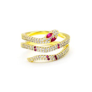 Wholesale spiral snake ring with pink zircon eyes and pavé white stones on gold plated copper from JuneJewelry.com – adjustable wrap ring for bulk orders.