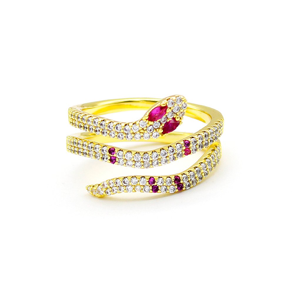 Wholesale spiral snake ring with pink zircon eyes and pavé white stones on gold plated copper from JuneJewelry.com – adjustable wrap ring for bulk orders.