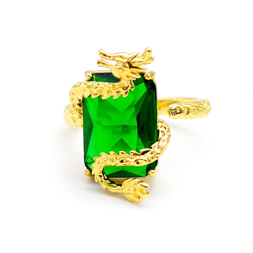 Wholesale emerald dragon ring with a large green rectangular zircon and gold plated copper from JuneJewelry.com – adjustable mythical animal jewelry for bulk orders.