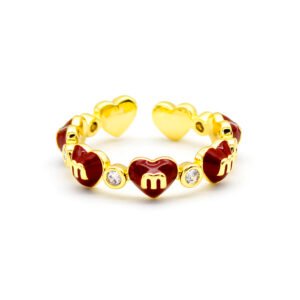 Wholesale enamel heart ring with maroon "M" motifs and clear zircons on 18K gold plated copper from JuneJewelry.com – adjustable heart jewelry for bulk orders.