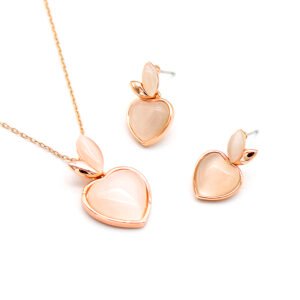 Wholesale cat eye jewelry set with peach-shaped pink stones on rose gold plated zinc alloy from JuneJewelry.com – romantic fashion jewelry for bulk orders.
