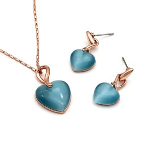 Wholesale heart jewelry set with pink cat eye stones on 18K gold plated zinc alloy from JuneJewelry.com – romantic fashion jewelry for bulk orders.