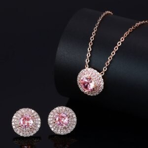 High-end round halo zircon jewelry set wholesale featuring a brilliant solitaire crystal pendant necklace and matching round stud earrings from junejewelry.com